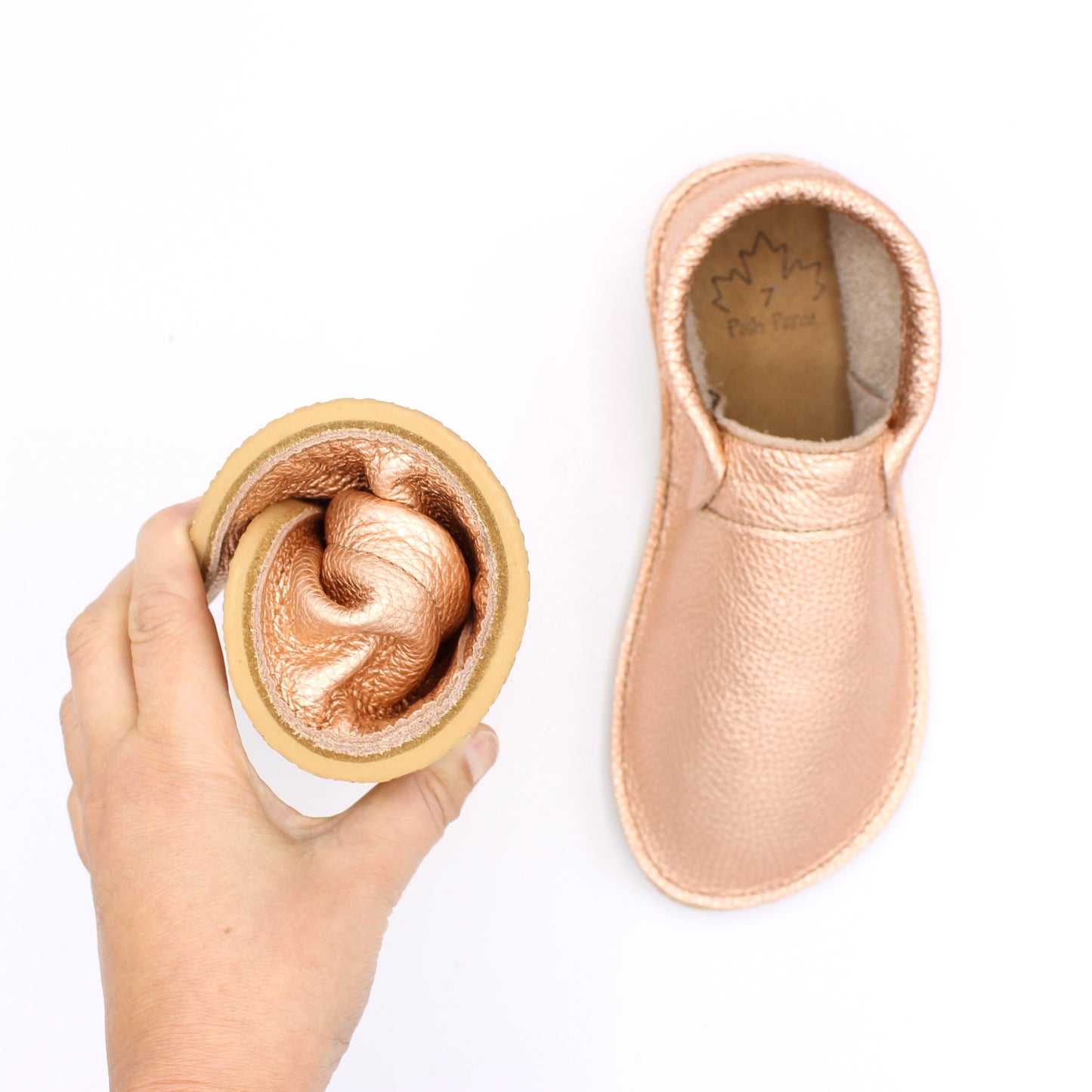 Ladies Fringeless Mocs - Rose Gold - 6mm Beige Hybrid Soles