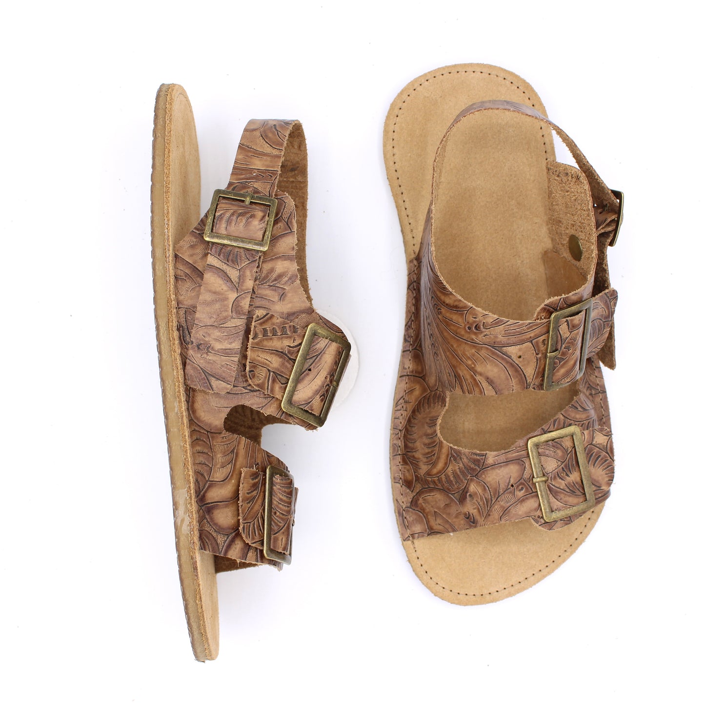 Ladies Buckle Sandals with Rivets -Tooled Toffee - 6mm Hybrid Soles