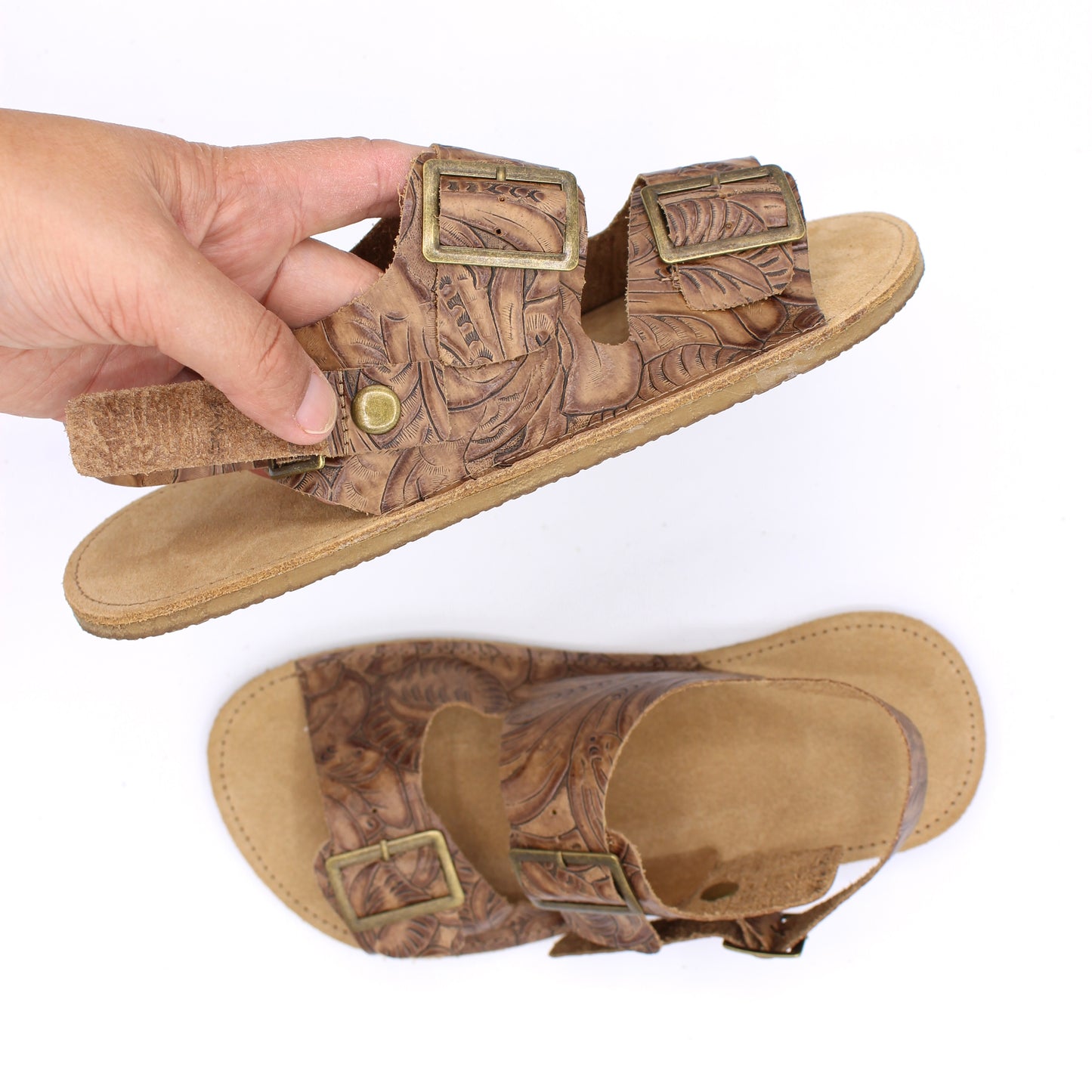 Ladies Buckle Sandals with Rivets -Tooled Toffee - 6mm Hybrid Soles