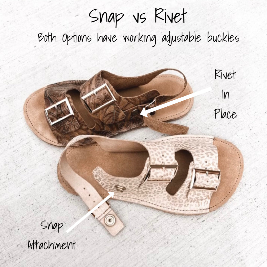 Ladies Buckle Sandals  - TOOLED WALNUT - -Gold Buckles - 6mm Caramel Hybrid Soles - Snaps