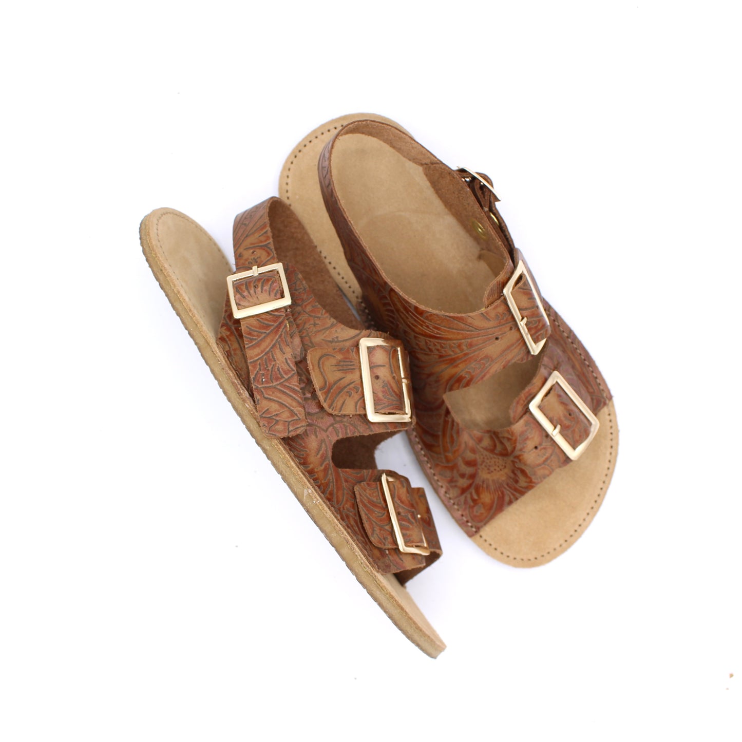 Ladies Buckle Sandals  - TOOLED WALNUT - -Gold Buckles - 6mm Caramel Hybrid Soles - Snaps