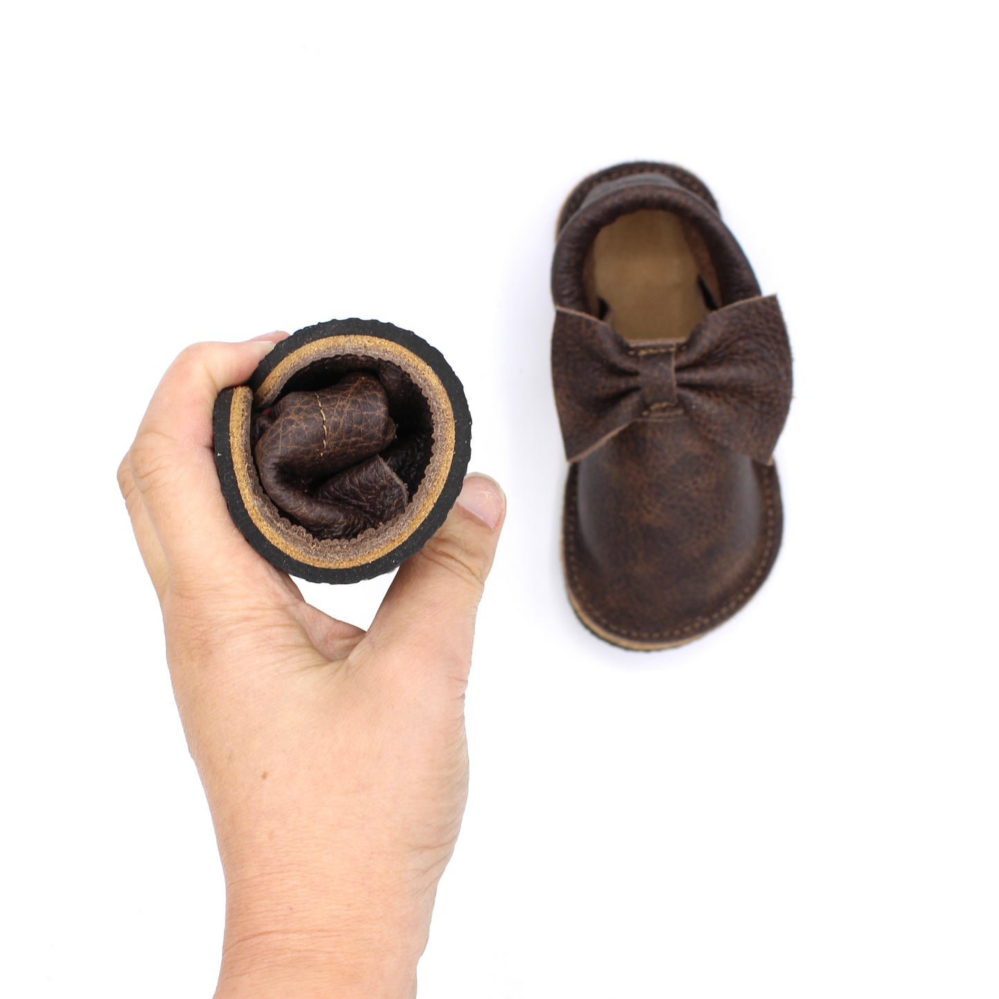 TODDLER Bow Mocs - Whiskey - 4mm Hybrid Soles