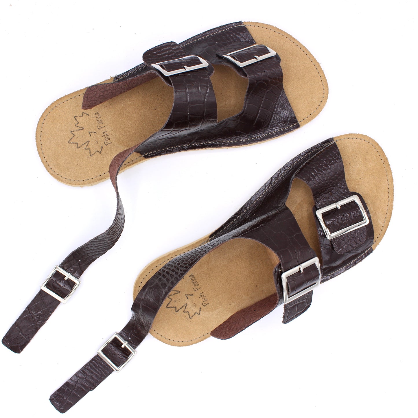 Ladies Buckle Sandals  - BROWN CROC -Silver Buckles - Beige RUGGED Soles - Snaps