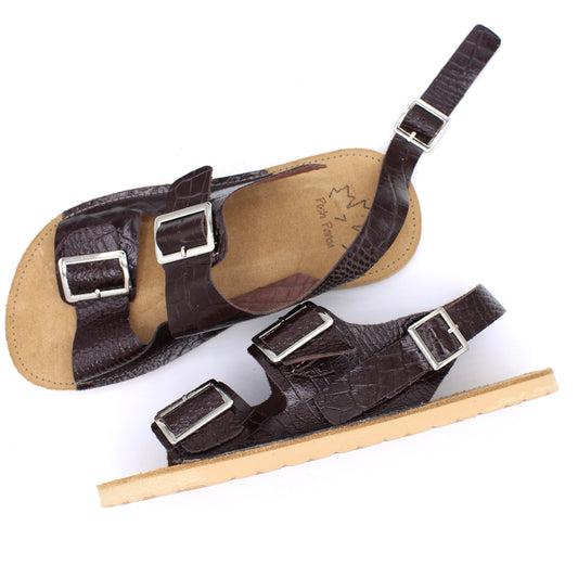 Ladies Buckle Sandals  - BROWN CROC -Silver Buckles - Beige RUGGED Soles - Snaps